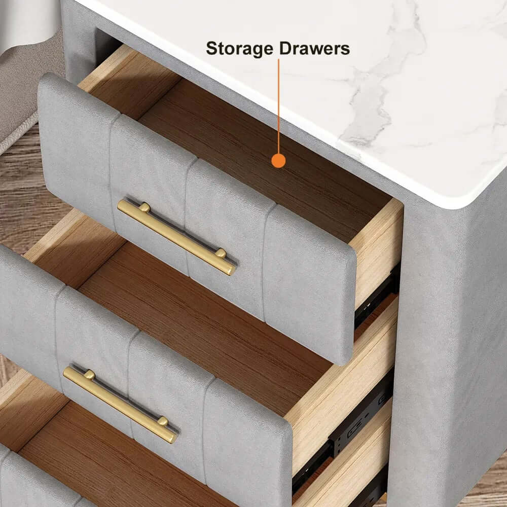 Modern Gray Velvet Nightstand With Sintered Stone Top