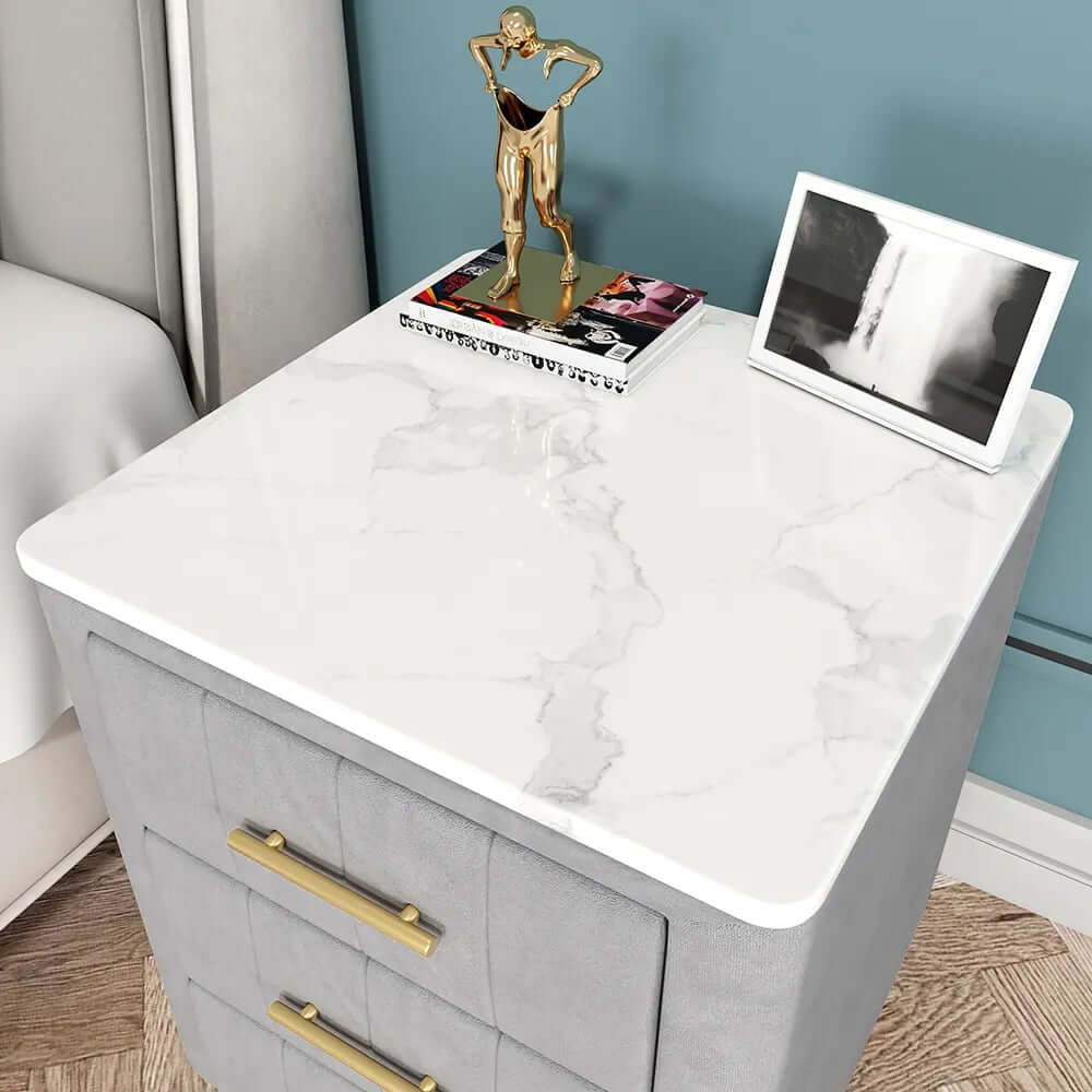 Modern Gray Velvet Nightstand With Sintered Stone Top