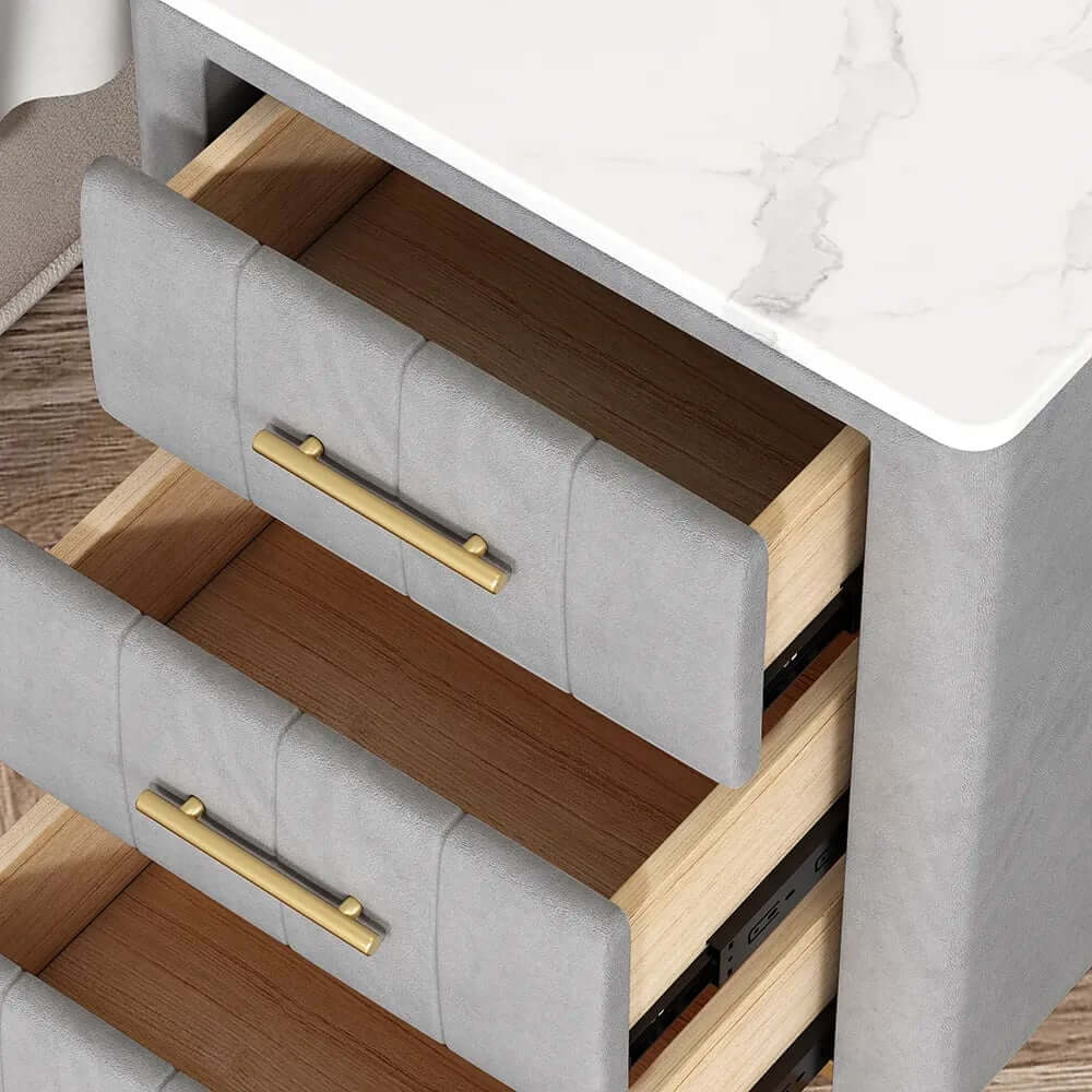 Modern Gray Velvet Nightstand With Sintered Stone Top