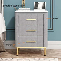 Modern Gray Velvet Nightstand With Sintered Stone Top