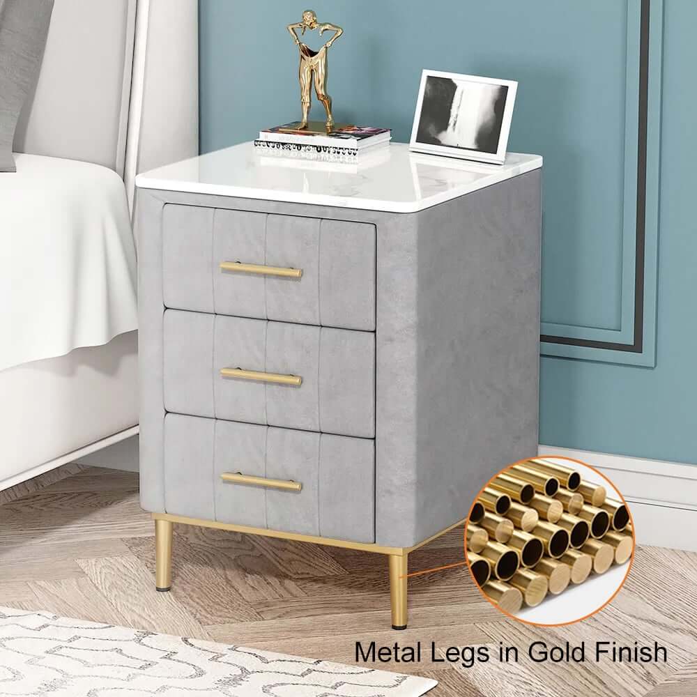 Modern Gray Velvet Nightstand With Sintered Stone Top