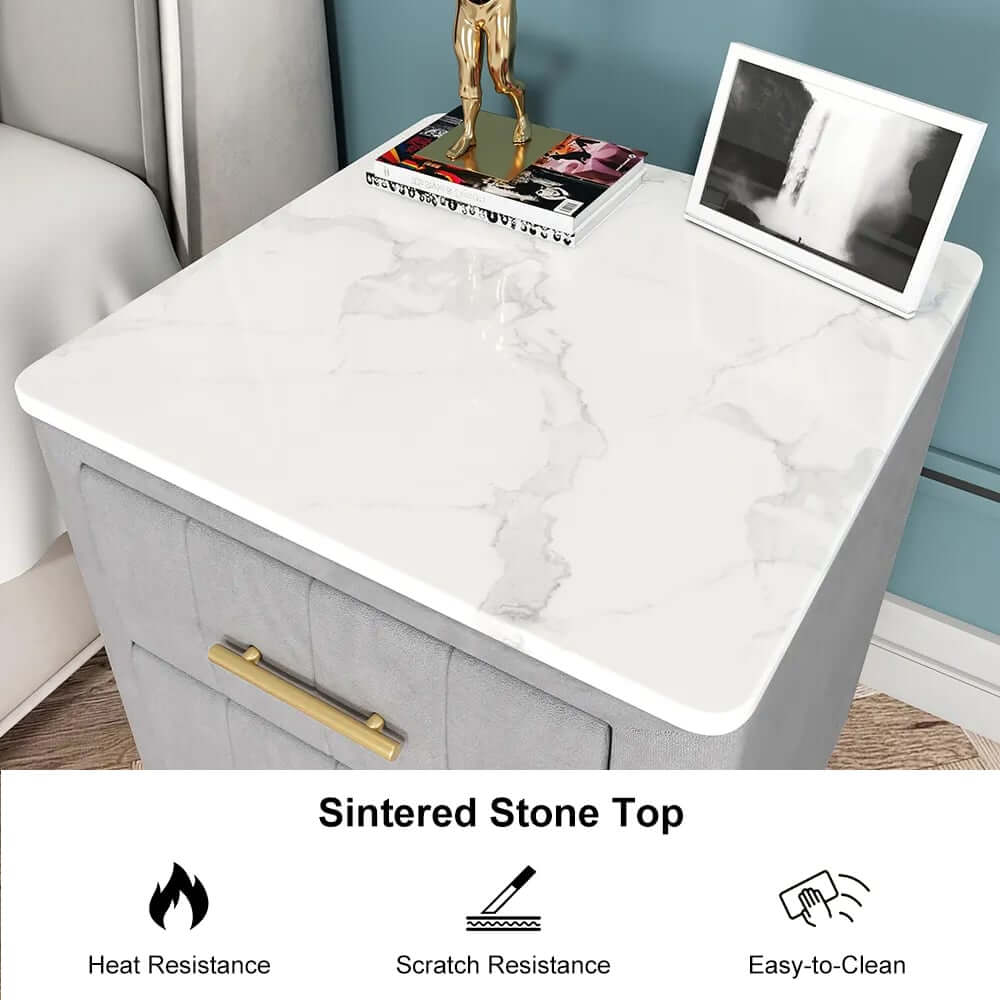 Modern Gray Velvet Nightstand With Sintered Stone Top