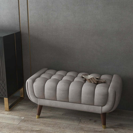 Modern Gray Velvet Upholstered Bench with Solid Wood Legs