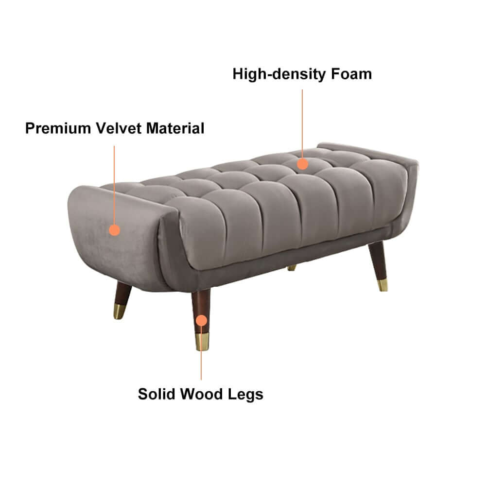 Modern Gray Velvet Upholstered Bench with Solid Wood Legs