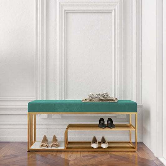 Modern Green Velvet Upholstered Storage Bench with Gold Legs
