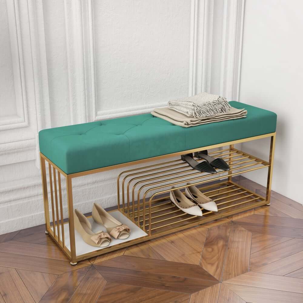 Modern Green Velvet Upholstered Storage Bench with Gold Legs