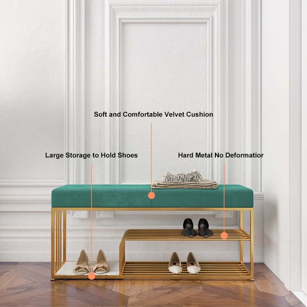 Modern Green Velvet Upholstered Storage Bench with Gold Legs