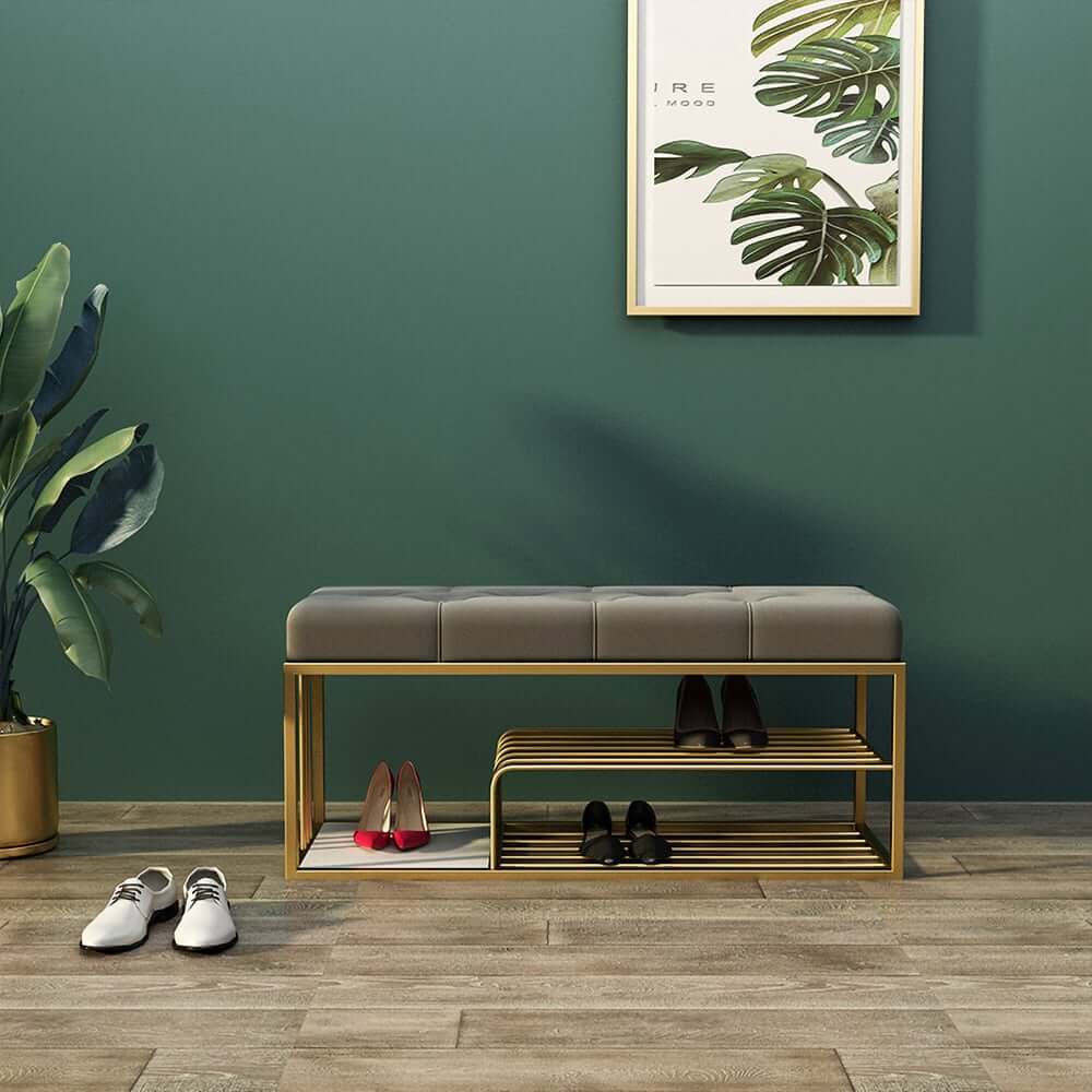 Modern Green Velvet Upholstered Storage Bench with Gold Legs