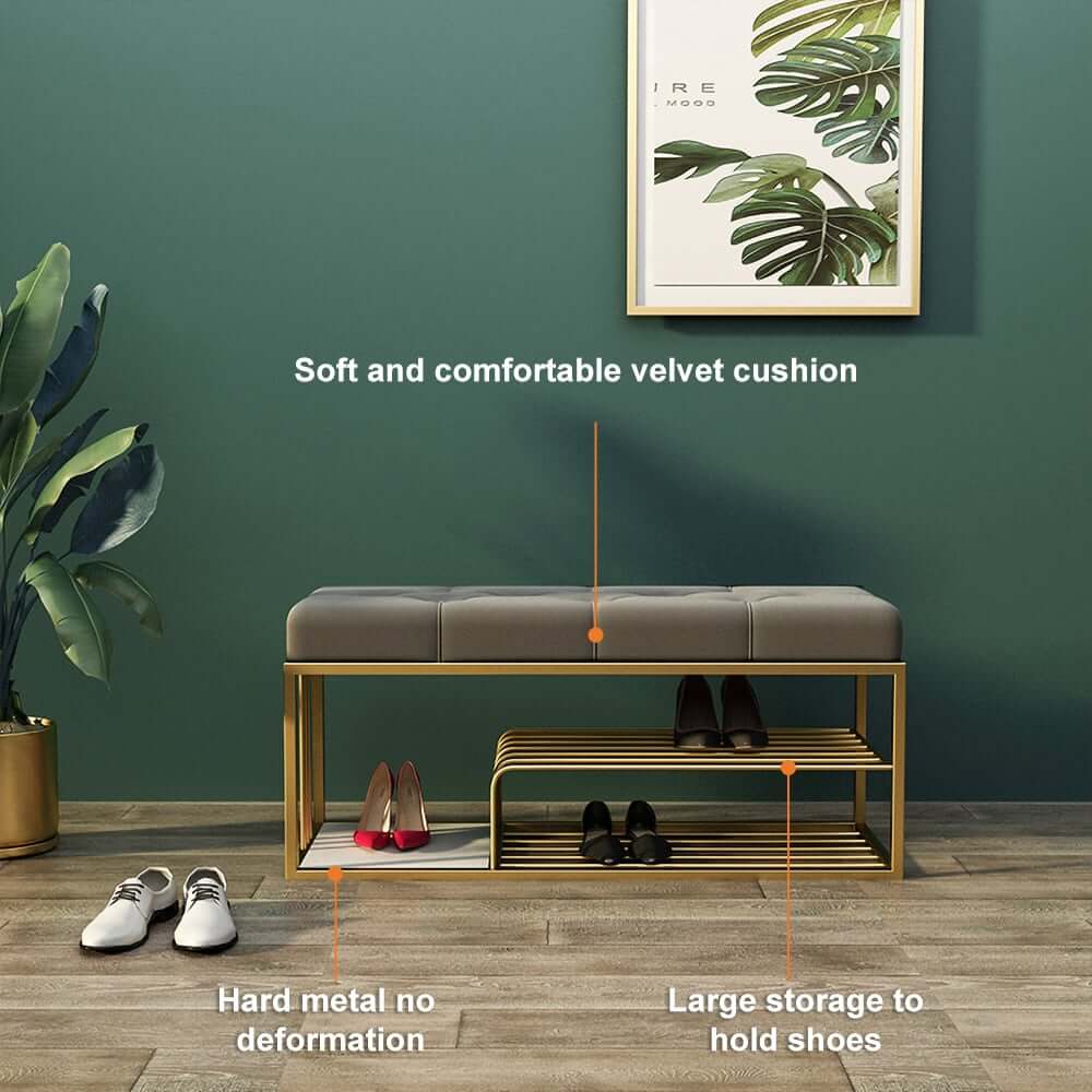 Modern Green Velvet Upholstered Storage Bench with Gold Legs