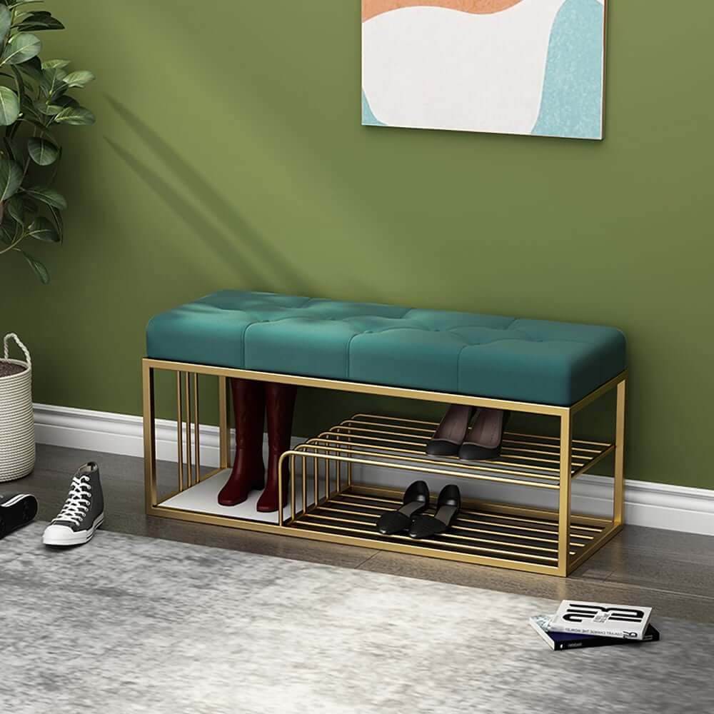 Modern Green Velvet Upholstered Storage Bench with Gold Legs Main Product Image