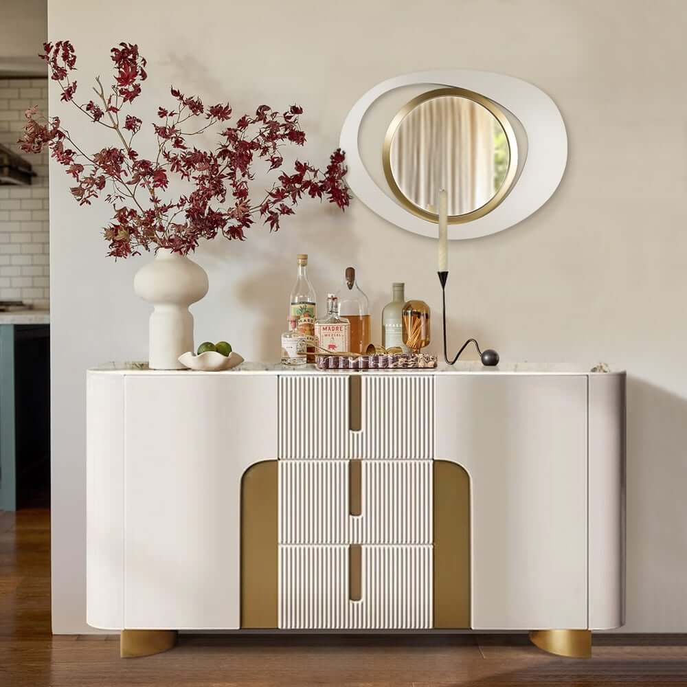 Modern Iron Accent Mirror Set with White & Gold Finish