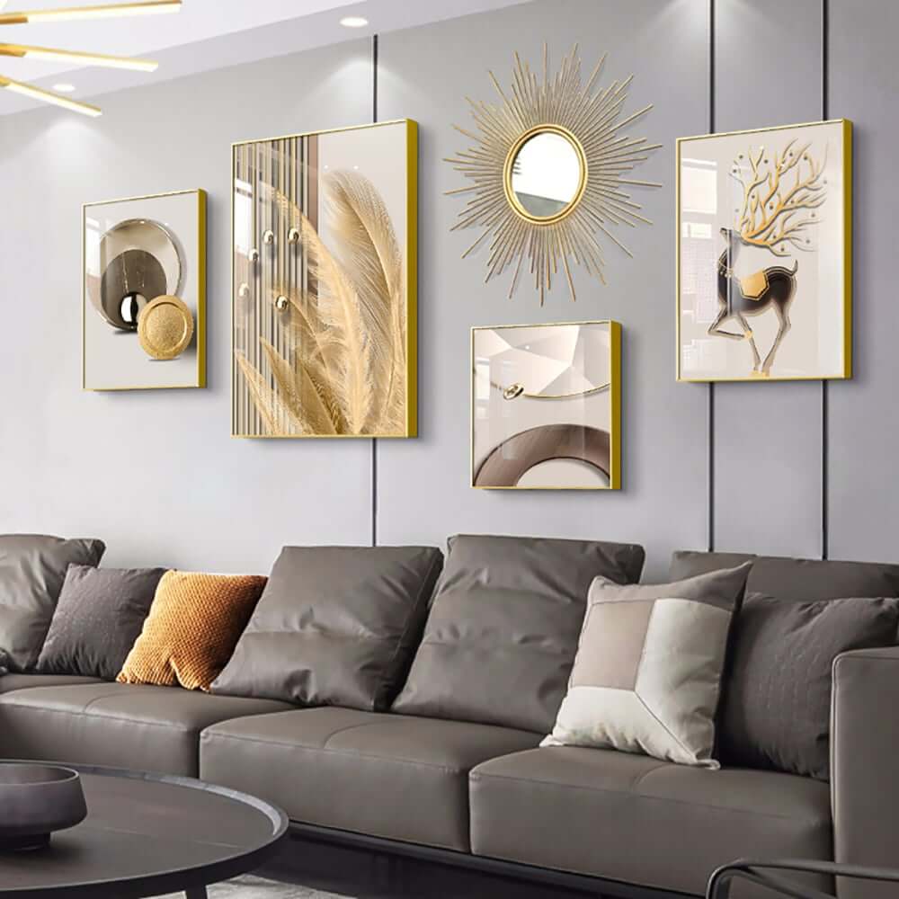 Modern Iron Wall Art Set with Golden Accents and Mirror Detail