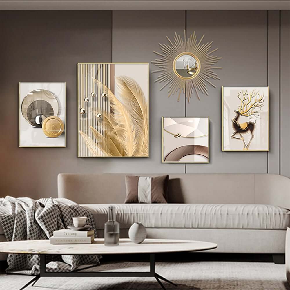Modern Iron Wall Art Set with Golden Accents and Mirror Detail