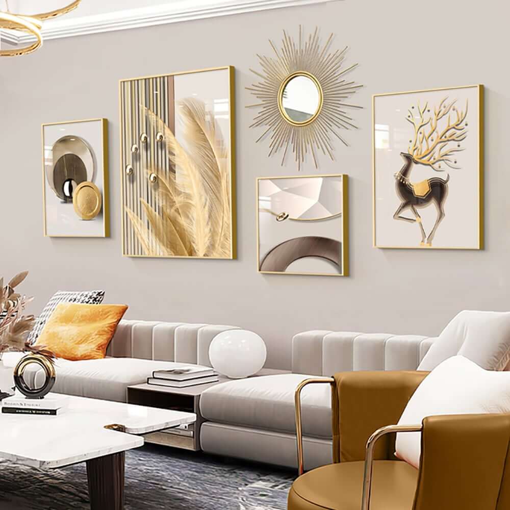 Modern Iron Wall Art Set with Golden Accents and Mirror Detail