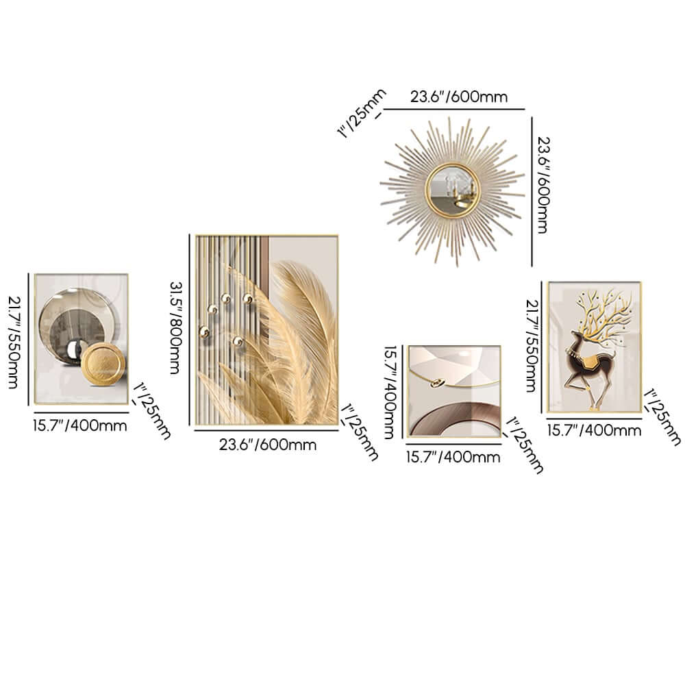 Modern Iron Wall Art Set with Golden Accents and Mirror Detail Dimensions