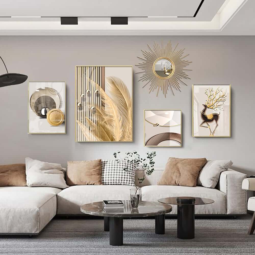 Modern Iron Wall Art Set with Golden Accents and Mirror Detail Main Product Image