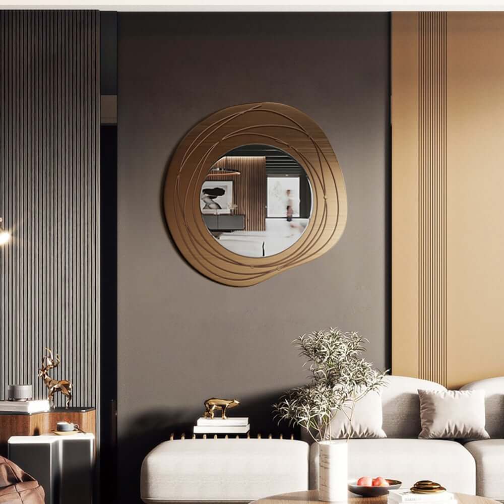Modern Iron Wall Mirror with Abstract Gold Geometric Frame