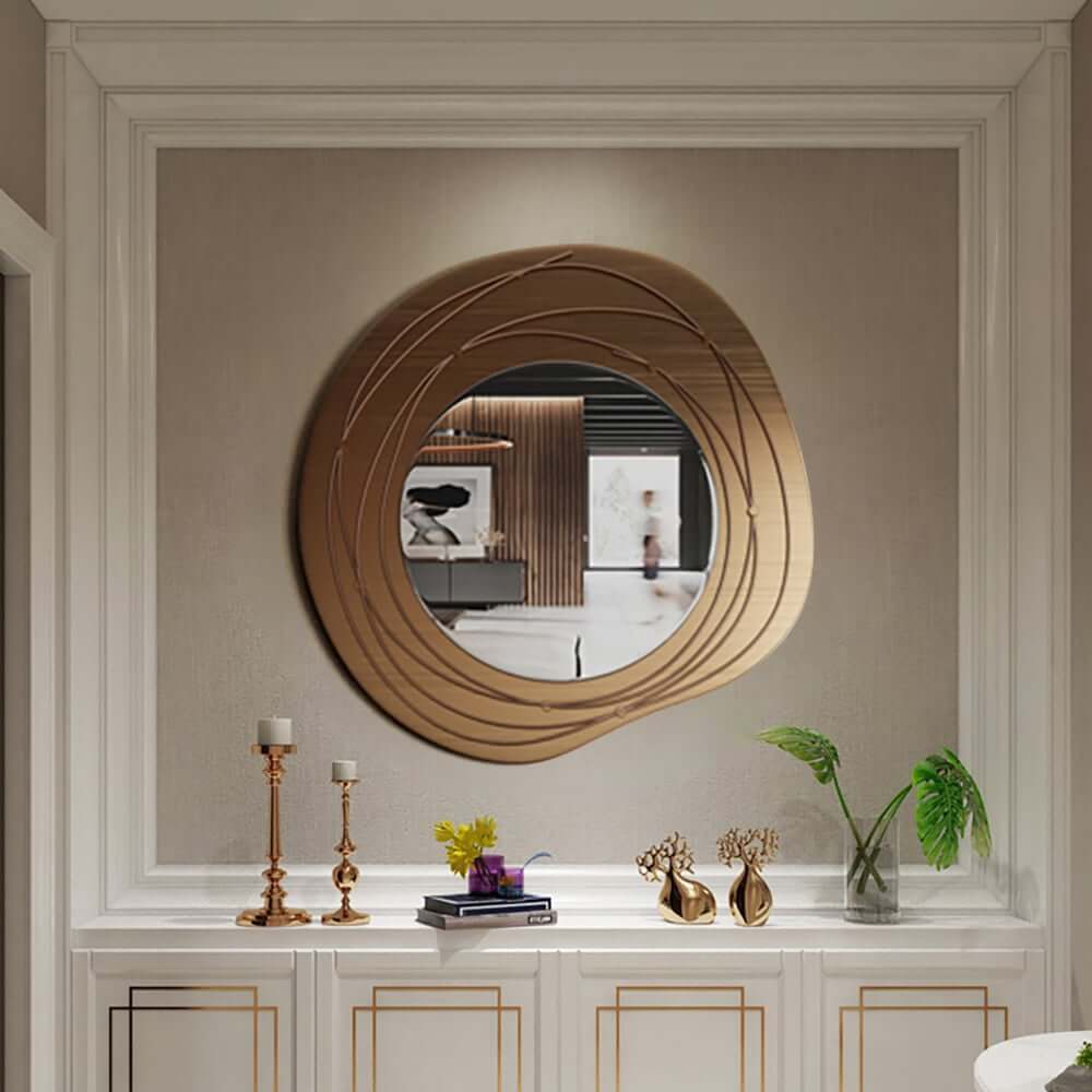 Modern Iron Wall Mirror with Abstract Gold Geometric Frame