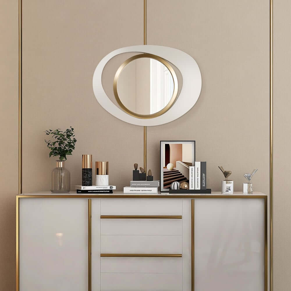 Modern Irregular Wall Mirror with White and Gold Iron Frame