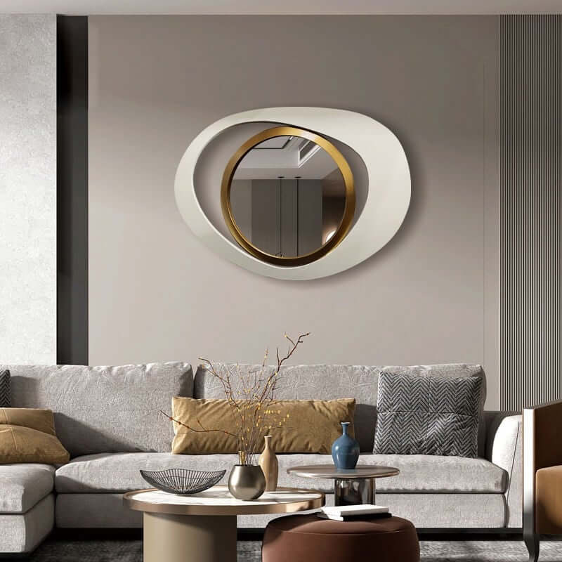 Modern Irregular Wall Mirror with White and Gold Iron Frame