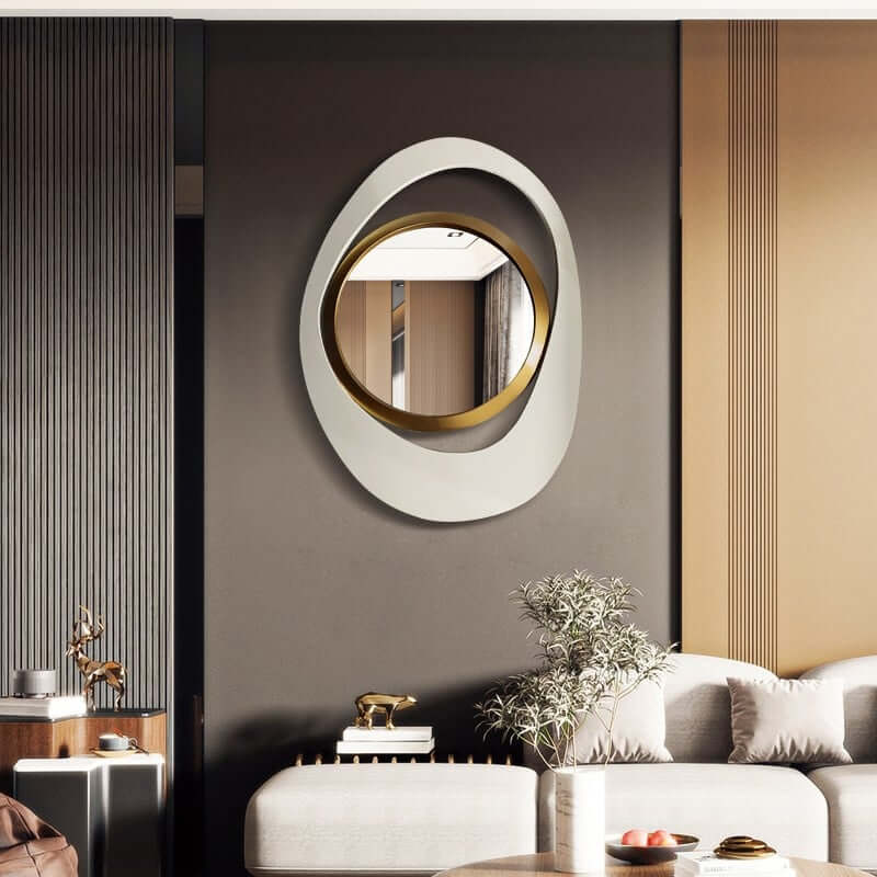Modern Irregular Wall Mirror with White and Gold Iron Frame