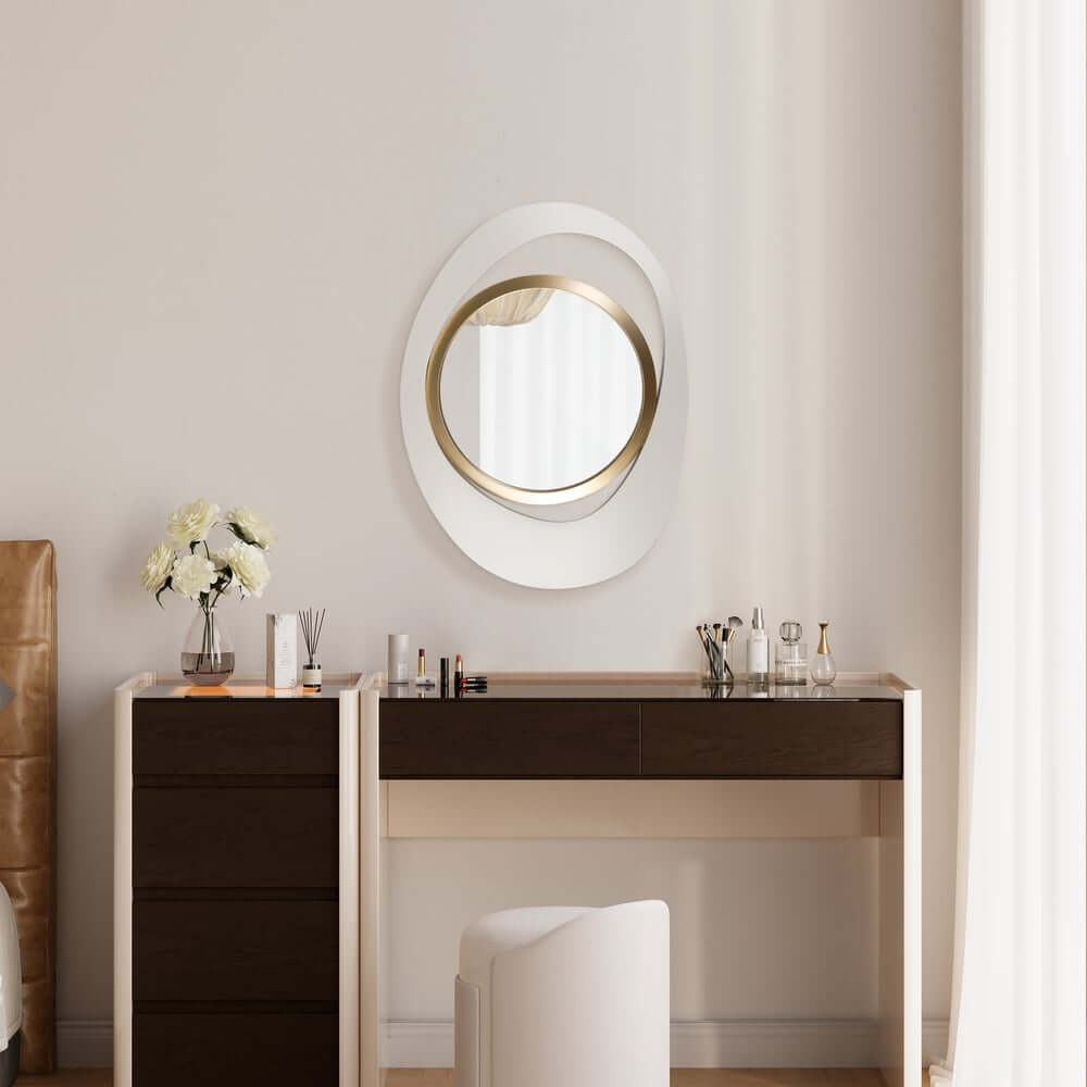 Modern Irregular Wall Mirror with White and Gold Iron Frame