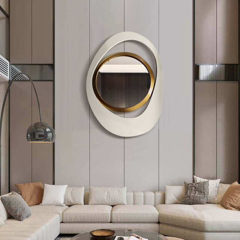 Modern Irregular Wall Mirror with White and Gold Iron Frame