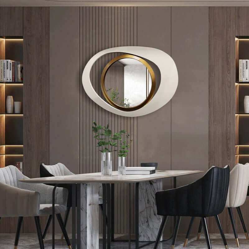 Modern Irregular Wall Mirror with White and Gold Iron Frame