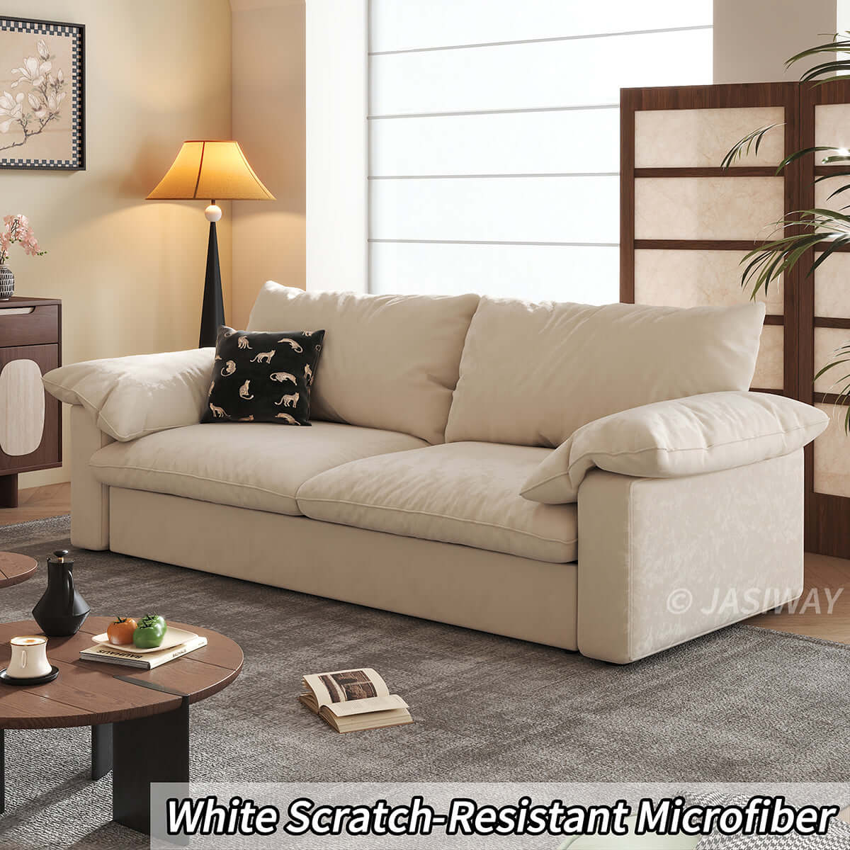 Modern Japandi Pull-Out Sleeper Sofa with Hidden Mattress & Textured Chenille Upholstery