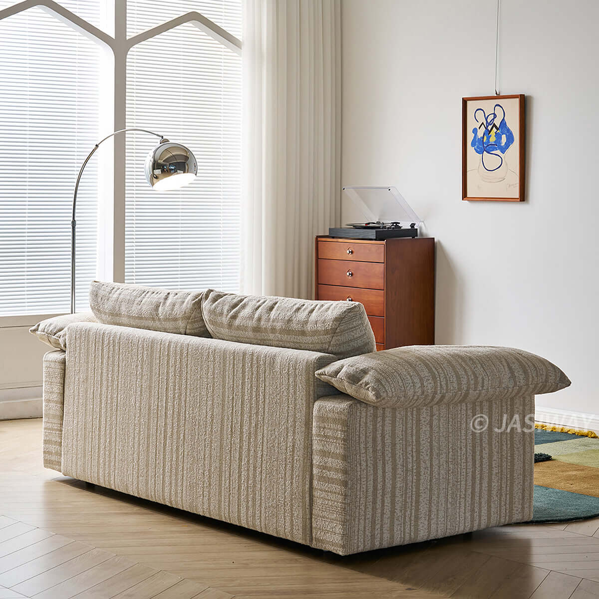 Modern Japandi Pull-Out Sleeper Sofa with Hidden Mattress & Textured Chenille Upholstery