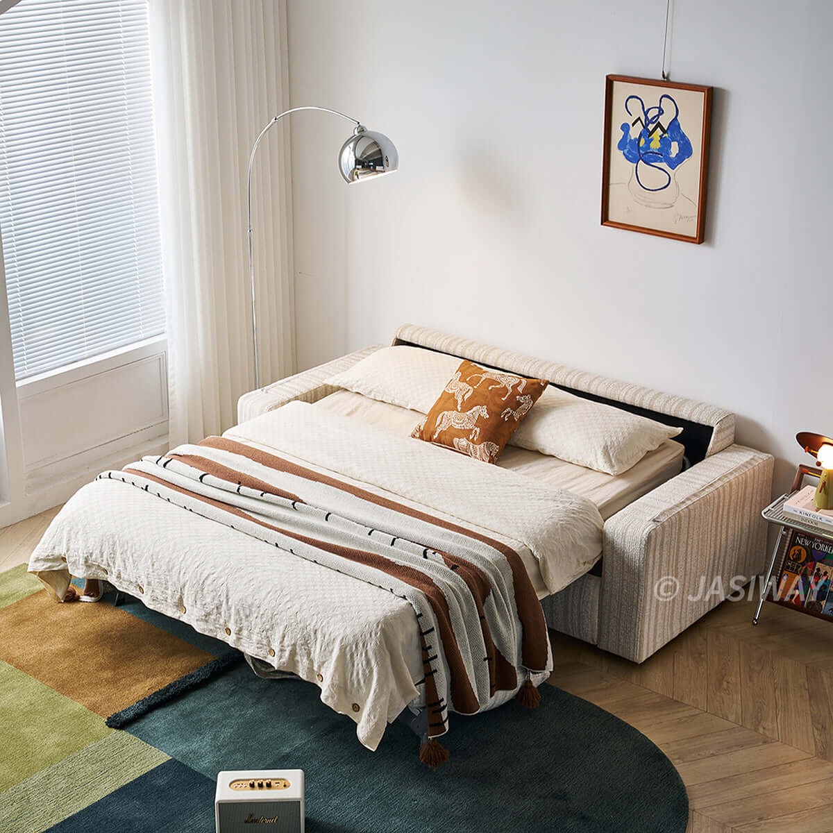 Modern Japandi Pull-Out Sleeper Sofa with Hidden Mattress & Textured Chenille Upholstery