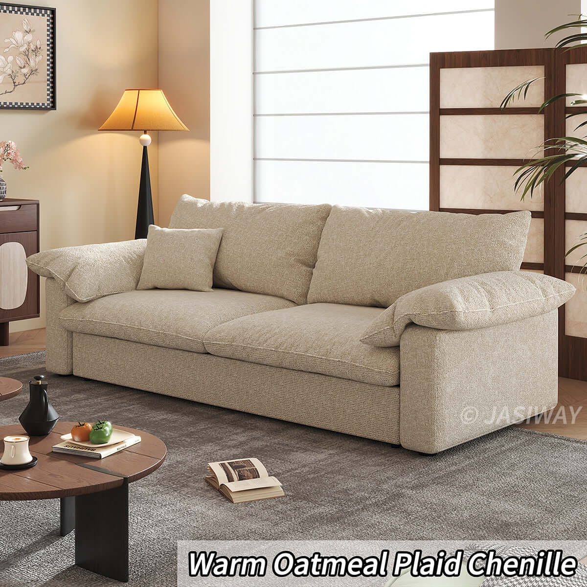 Modern Japandi Pull-Out Sleeper Sofa with Hidden Mattress & Textured Chenille Upholstery