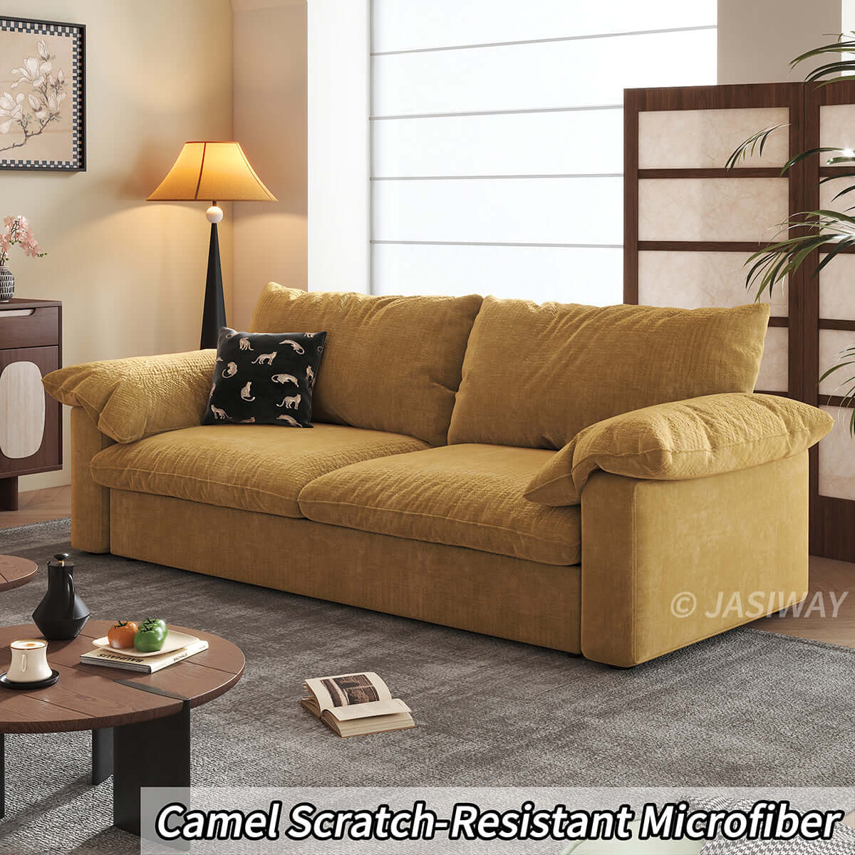Modern Japandi Pull-Out Sleeper Sofa with Hidden Mattress & Textured Chenille Upholstery