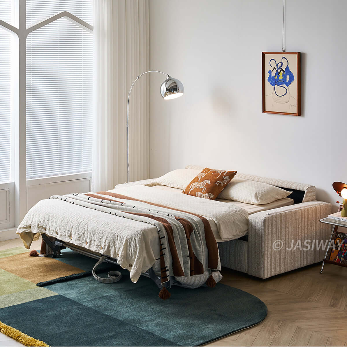 Modern Japandi Pull-Out Sleeper Sofa with Hidden Mattress & Textured Chenille Upholstery Main Product Image