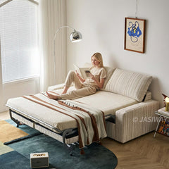 Modern Japandi Pull-Out Sleeper Sofa with Hidden Mattress & Textured Chenille Upholstery