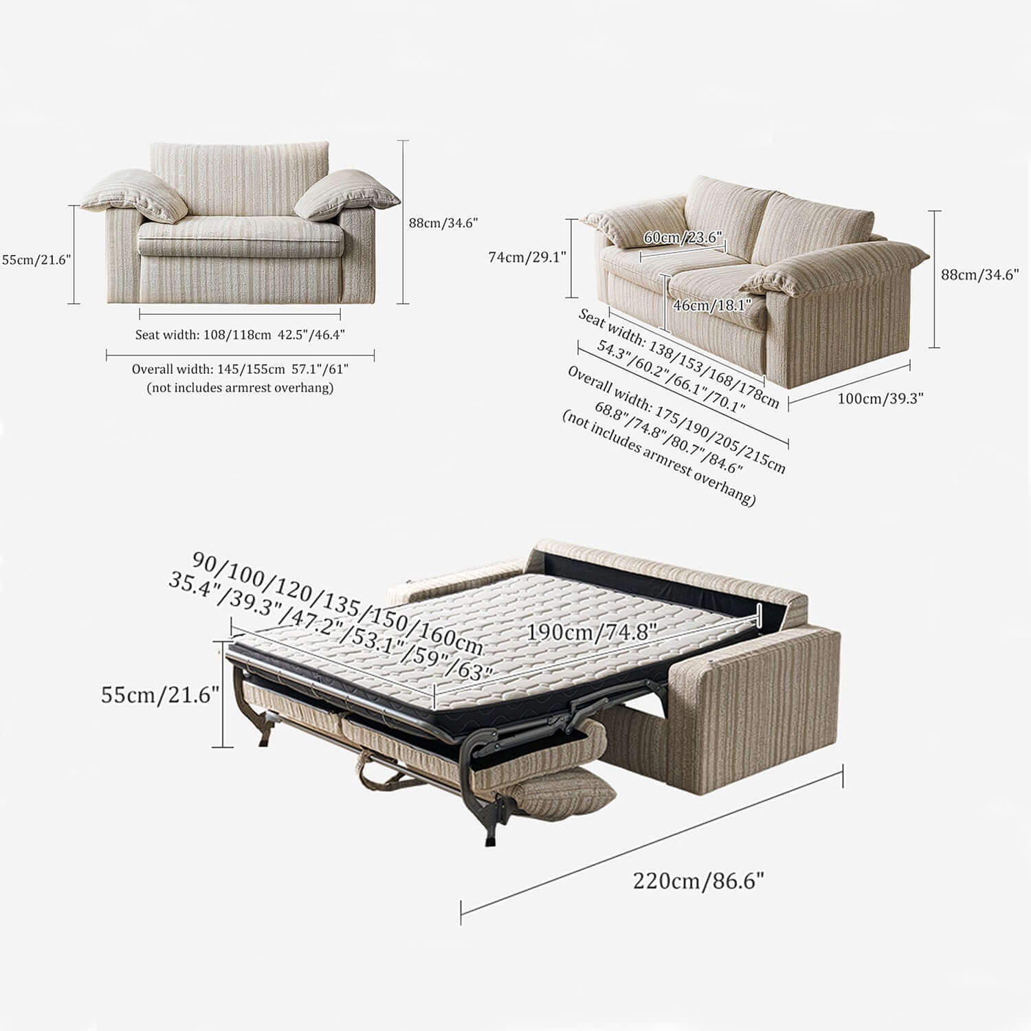 Modern Japandi Pull-Out Sleeper Sofa with Hidden Mattress & Textured Chenille Upholstery