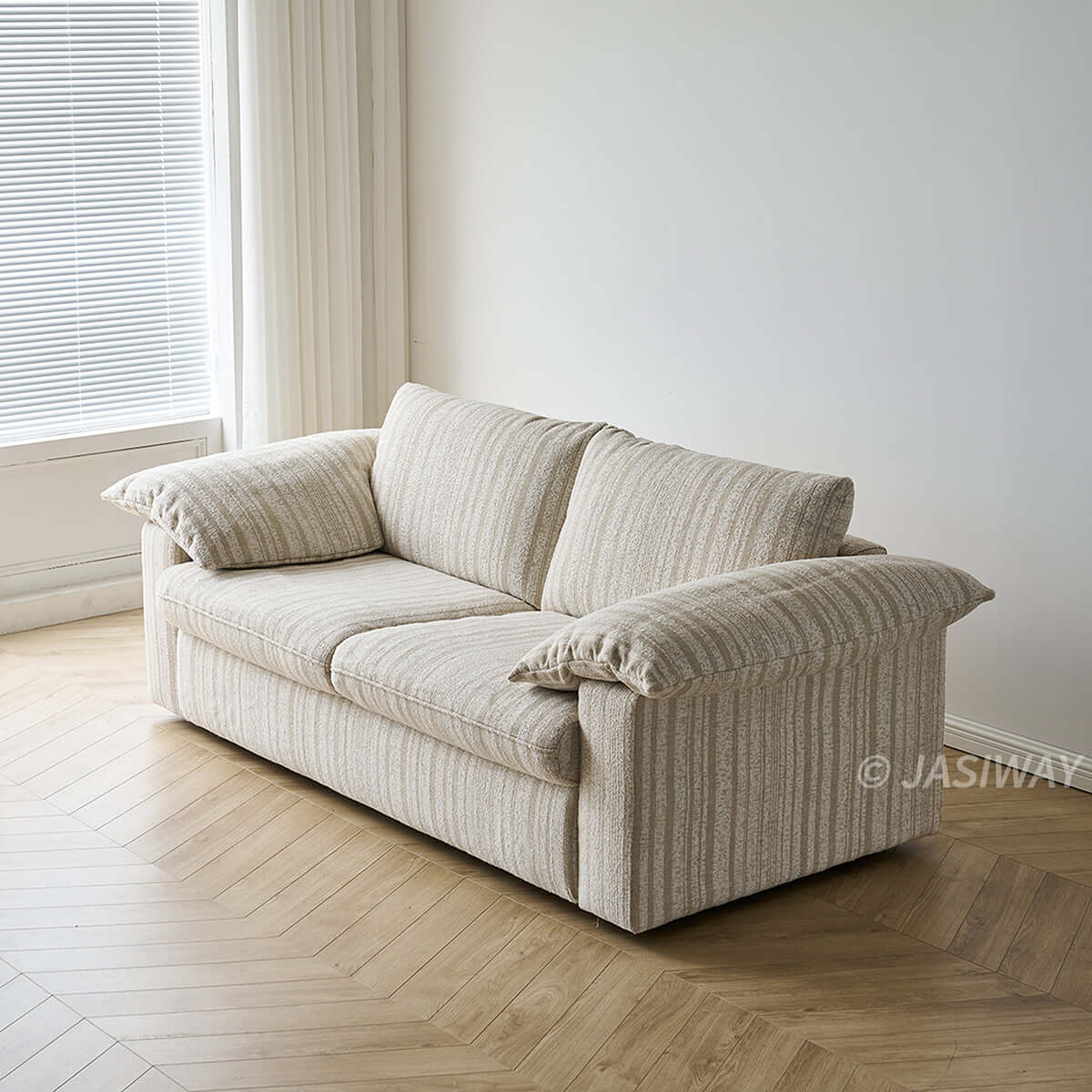 Modern Japandi Pull-Out Sleeper Sofa with Hidden Mattress & Textured Chenille Upholstery