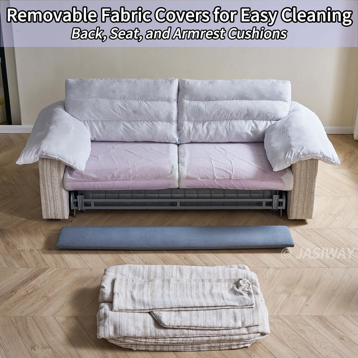 Modern Japandi Pull-Out Sleeper Sofa with Hidden Mattress & Textured Chenille Upholstery