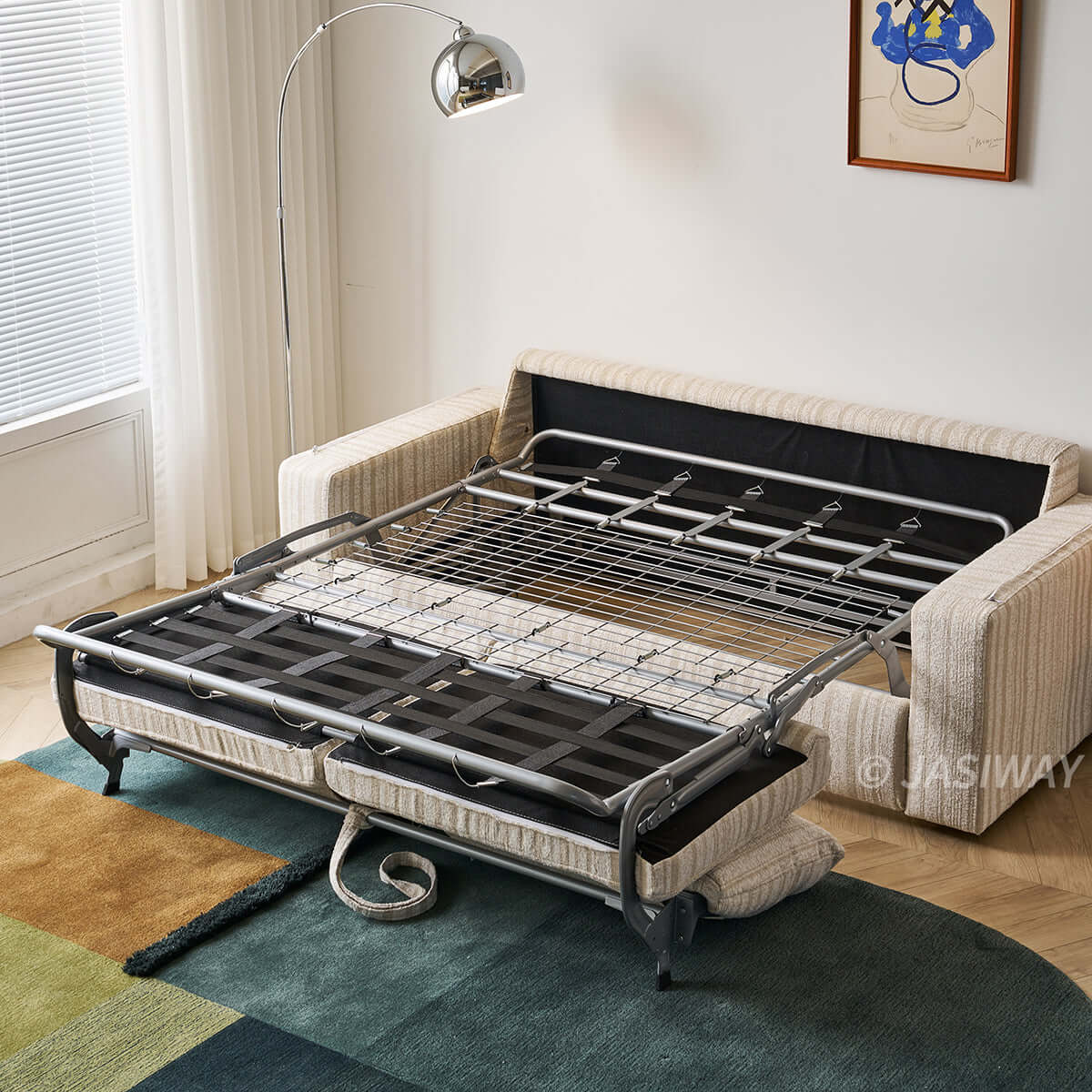 Modern Japandi Pull-Out Sleeper Sofa with Hidden Mattress & Textured Chenille Upholstery