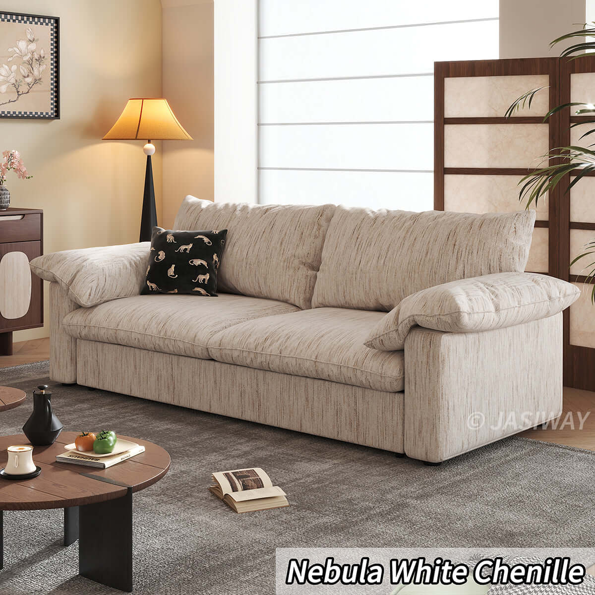 Modern Japandi Pull-Out Sleeper Sofa with Hidden Mattress & Textured Chenille Upholstery