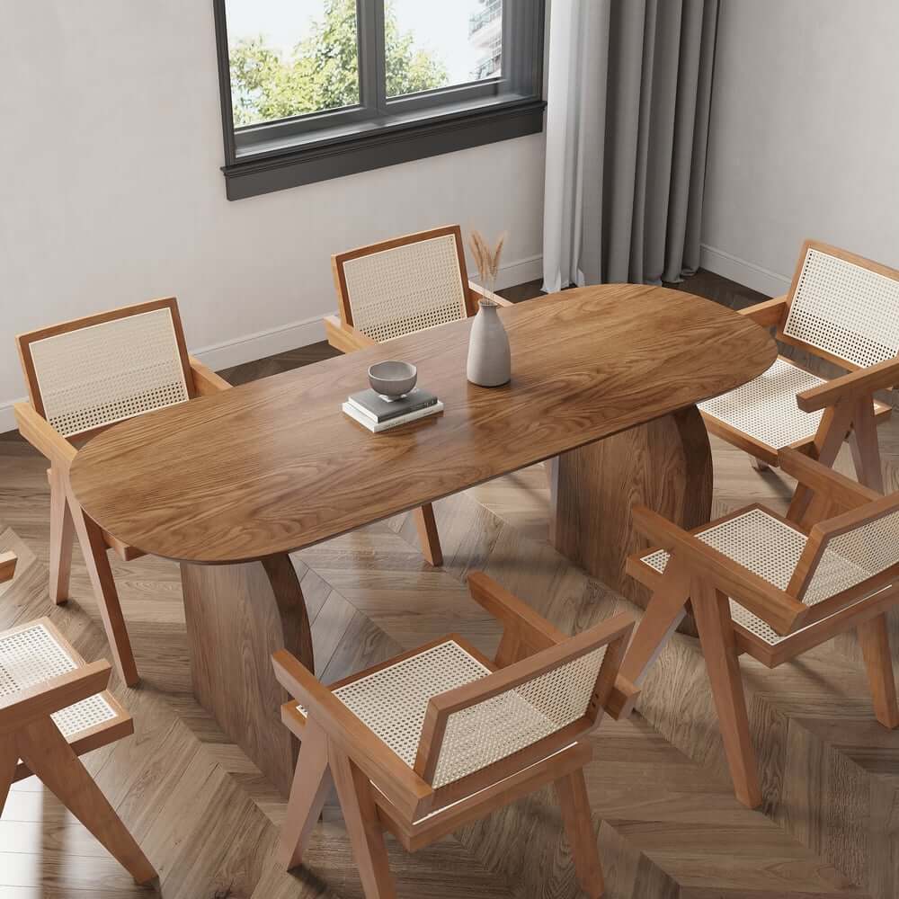 Modern Japandi Solid Wood Dining Set with Rattan Chairs