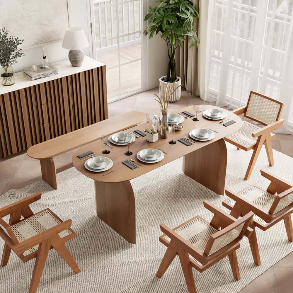 Modern Japandi Solid Wood Dining Set with Rattan Chairs
