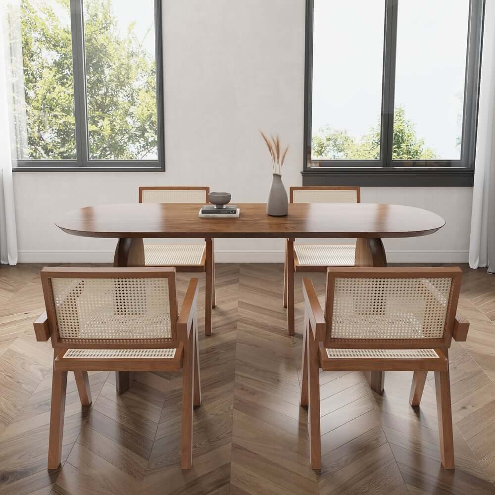 Modern Japandi Solid Wood Dining Set with Rattan Chairs