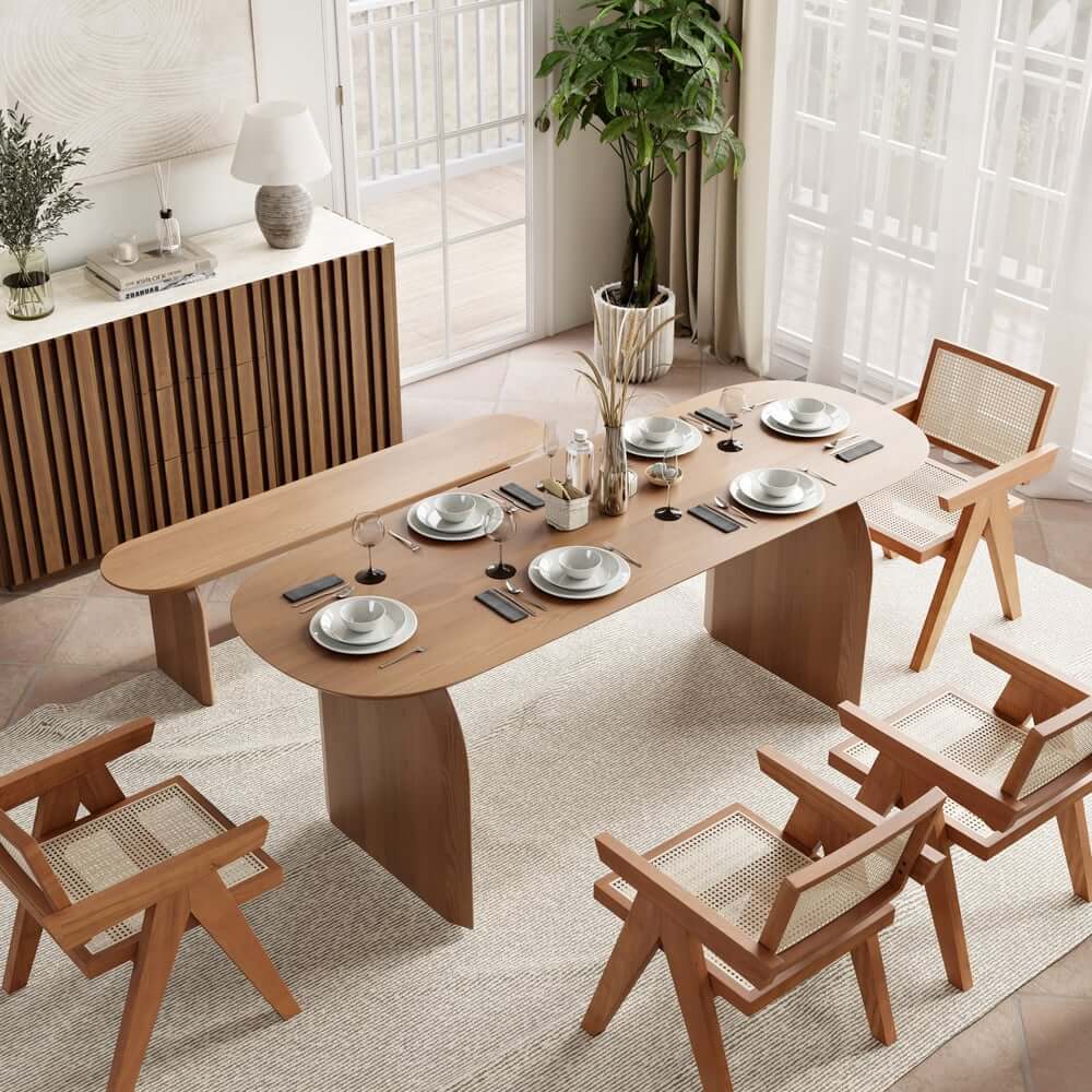 Modern Japandi Solid Wood Dining Set with Rattan Chairs