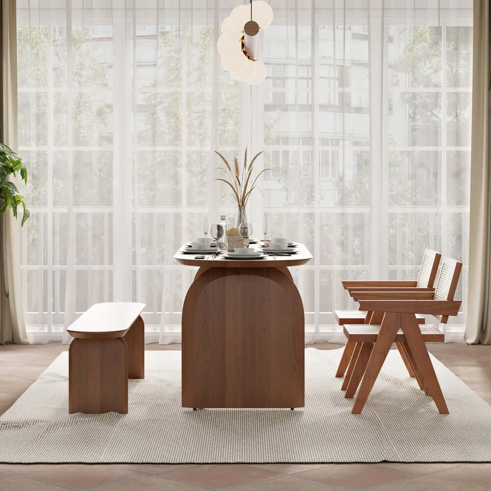 Modern Japandi Solid Wood Dining Set with Rattan Chairs