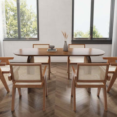Modern Japandi Solid Wood Dining Set with Rattan Chairs