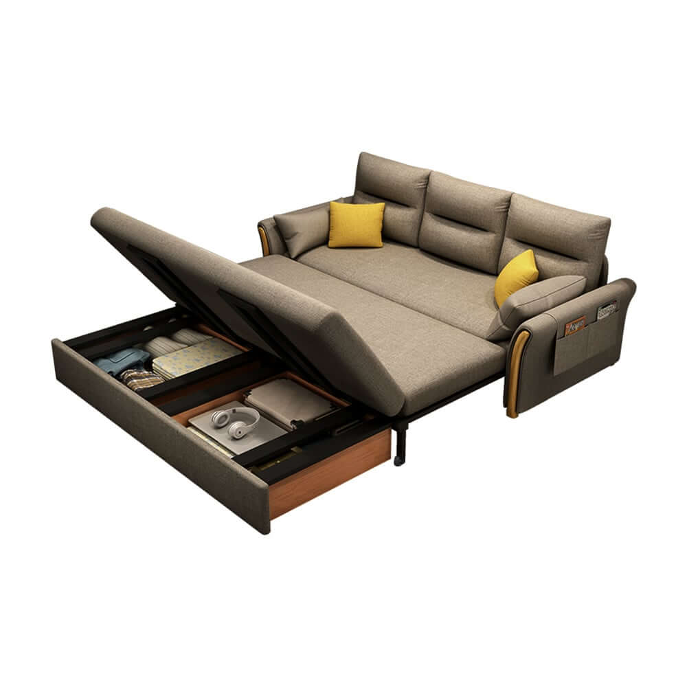 Modern Khaki Linen Sofa Bed with Storage and Flared Arms