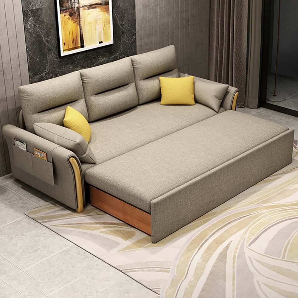 Modern Khaki Linen Sofa Bed with Storage and Flared Arms