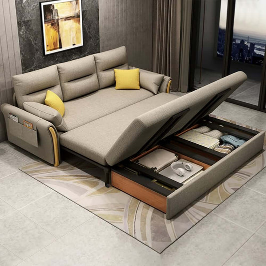 Modern Khaki Linen Sofa Bed with Storage and Flared Arms Main Product Image