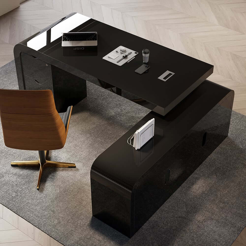 Modern L-Shaped Computer Desk with 5-Drawer Storage Cabinet